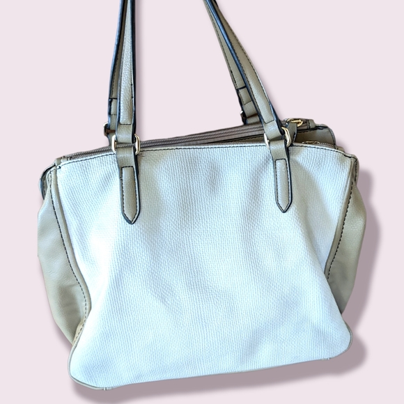 Benetton classic linen style vegan leather hand bag cream and brown medium 14" - Picture 9 of 10